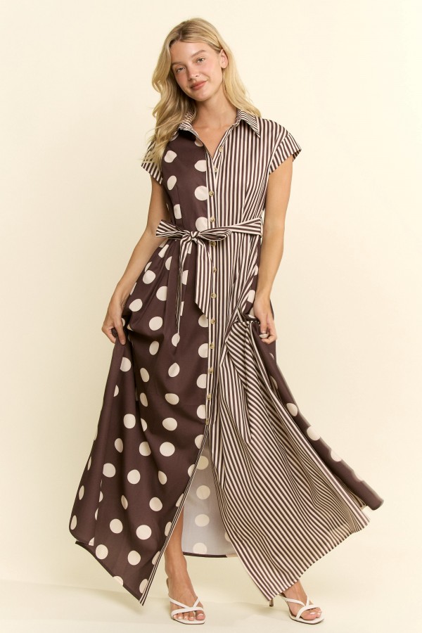 JJD8055-2P / Jade By Jane<br/>PLUS SIZE CONTRAST DOT STRIPE SHIRT DRESS