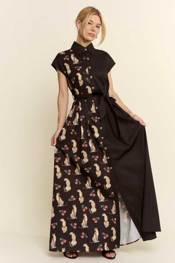 JJD8055-3P / Jade By Jane<br/>PLUS SIZE CHEETAH CHERRY HALF PANEL DRESS