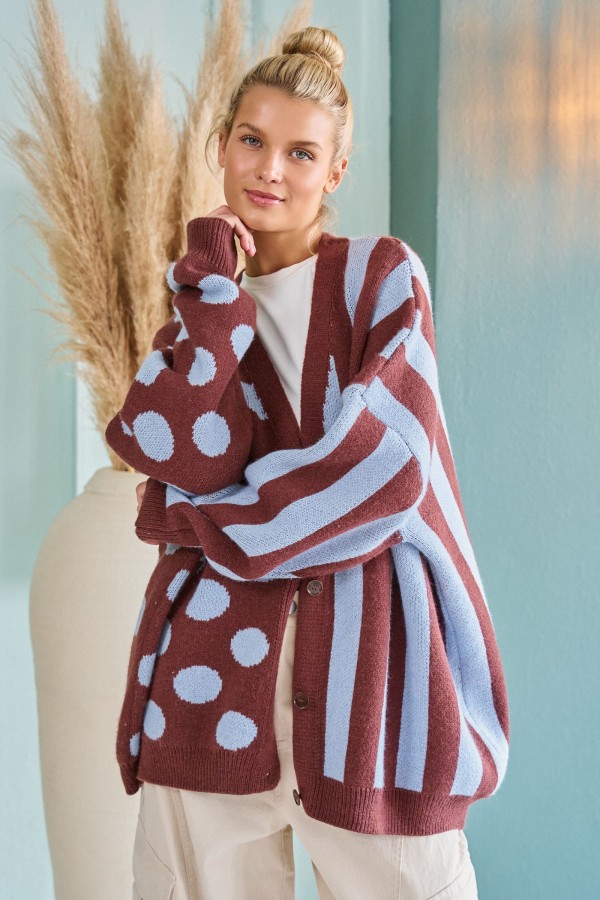 JJO6290-1 / Jade By Jane<br/>MIX DOT & STRIPE KNIT CARDIGAN