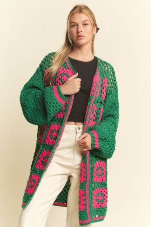 JJO6328P / Jade By Jane<br/>Two-Tone Floral Square Crochet Open Knit Cardigan