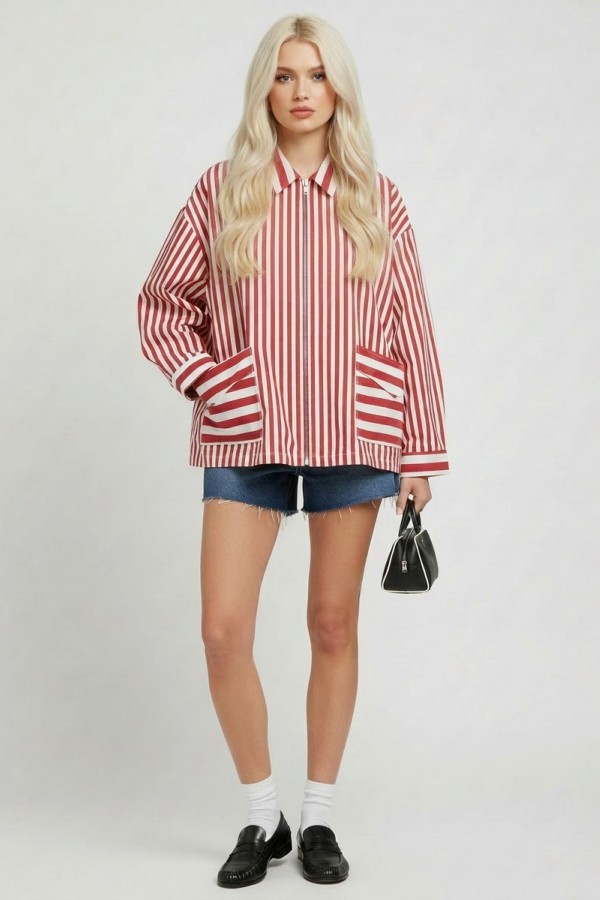 JJO8098P / Jade By Jane<br/>PLUS SIZE STRIPE ZIP-UP JACKET