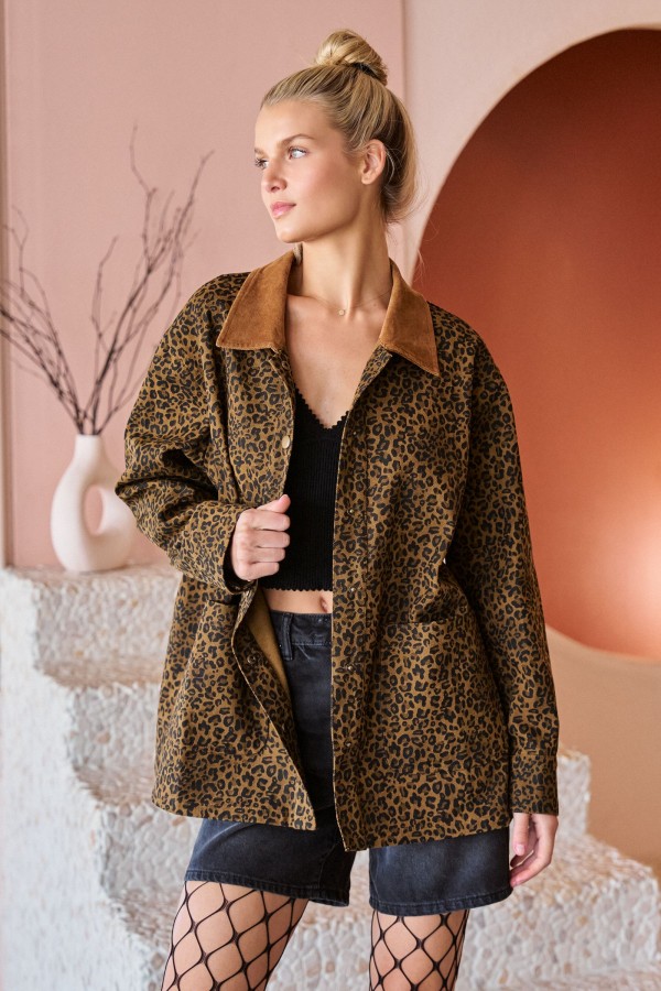 JJO8379 / Jade By Jane<br/>LEOPARD PRINT CORDUROY COLLAR JACKET