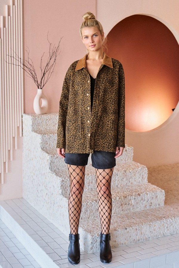 JJO8379P / Jade By Jane<br/>PLUS SIZE LEOPARD PRINT CORDUROY COLLAR JACKET