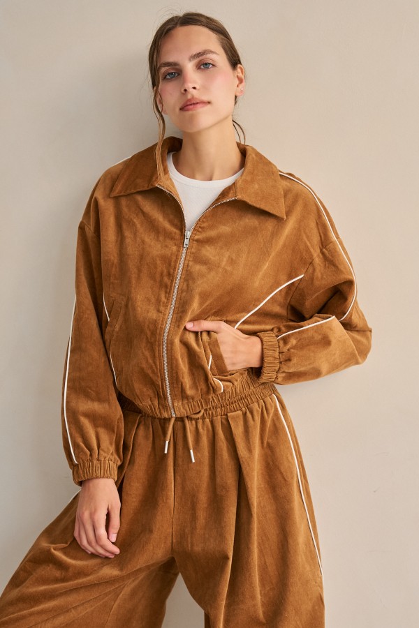 JJO8529 / Jade By Jane<br/>CORDUROY PIPING ZIP-UP JUMPER