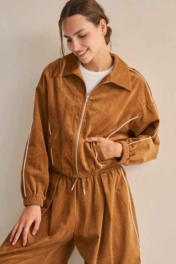 JJO8529P / Jade By Jane<br/>PLUS SIZE CORDUROY PIPING ZIP-UP JUMPER