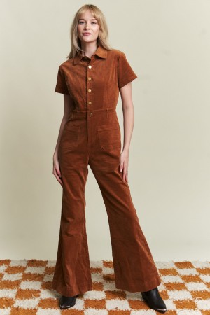 JJS6183 / Jade By Jane<br/>SHORT SLEEVE BUTTON DOWN CORDUROY FLARED JUMPSUIT
