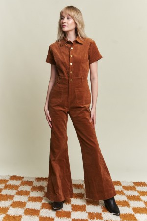 JJS6183P / Jade By Jane<br/>PLUS SIZE SHORT SLEEVE BUTTON DOWN CORDUROY FLARED JUMPSUIT
