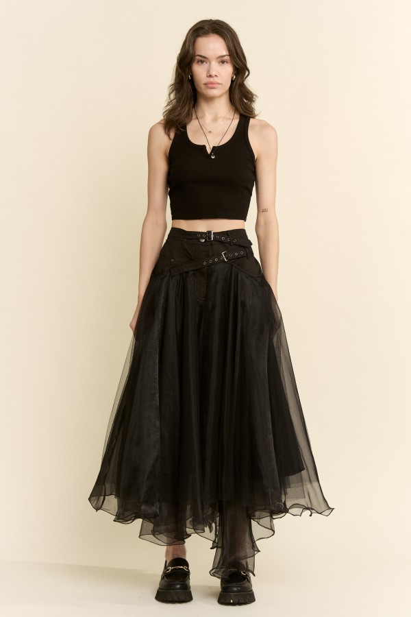 JJS8155 / Jade By Jane<br/>SHEER LAYERED BELTED MAXI SKIRT