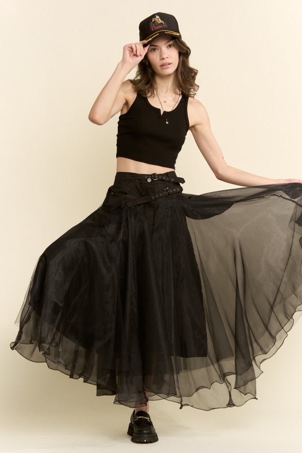 JJS8155P / Jade By Jane<br/>PLUS SIZE SHEER LAYERED BELTED MAXI SKIRT