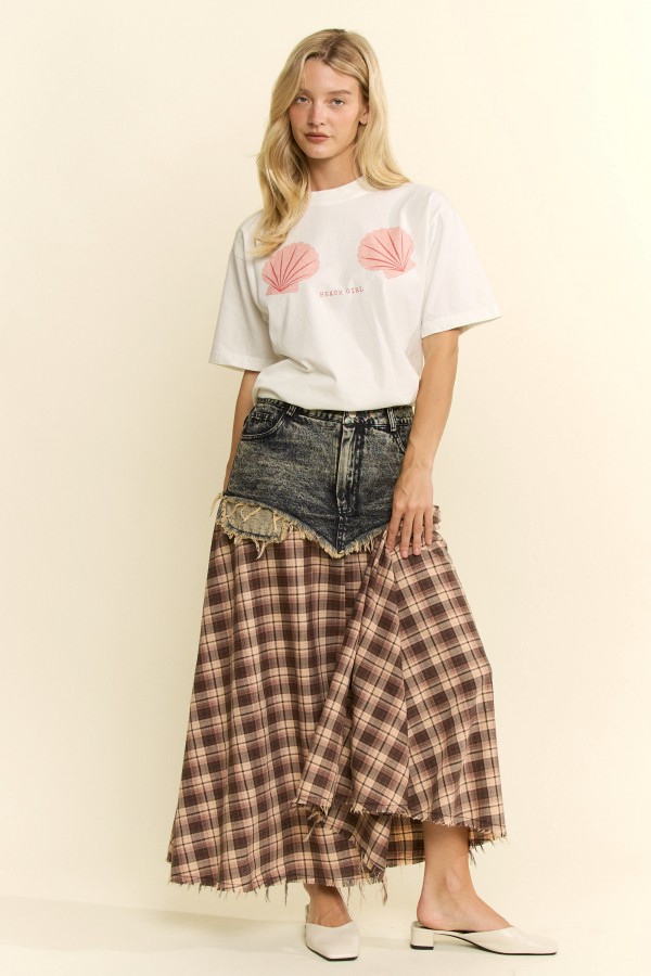 JJS8174 / Jade By Jane<br/>DENIM LAYERED PLAID SKIRT