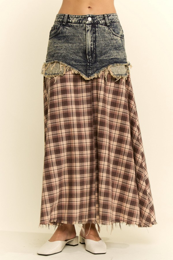 JJS8174P / Jade By Jane<br/>DENIM LAYERED PLAID SKIRT