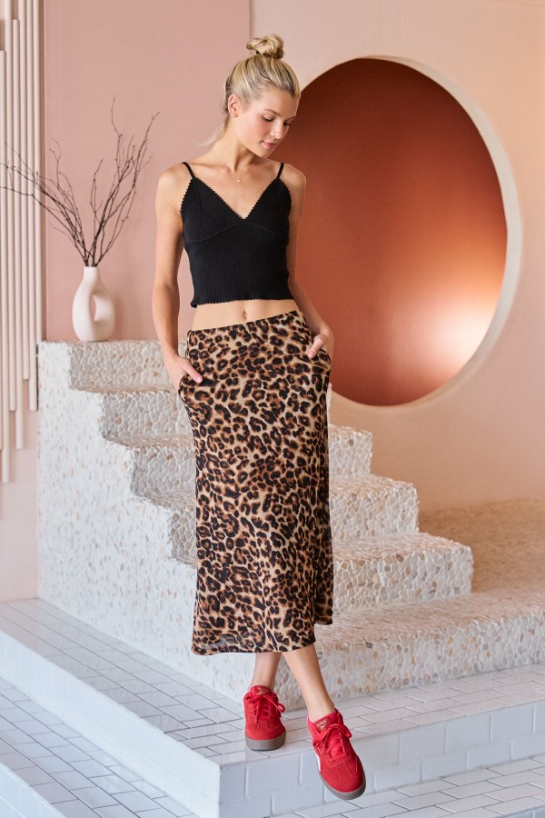 JJS8306 / Jade By Jane<br/>MESH LEOPARD PRINT SIDE SLIT MIDI SKIRT