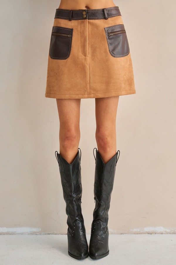 JJS8515 / Jade By Jane<br/>FAUX SUEDE LEATHER TRIM MINI SKIRT