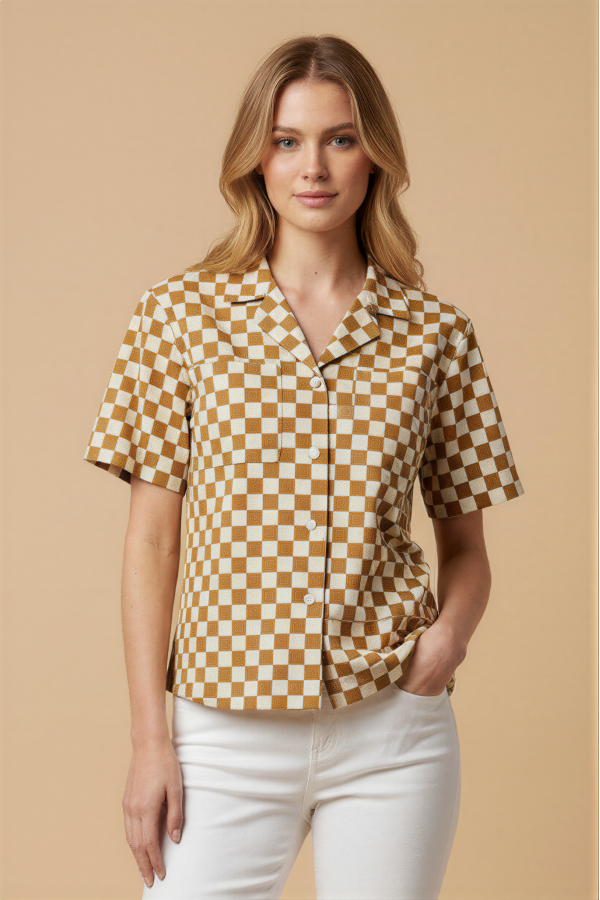 JJT8092 / Jade By Jane<br/>CHECKERBOARD CAMP COLLAR SHIRT