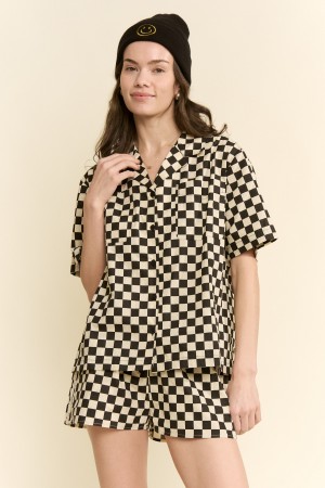 JJT8092P / Jade By Jane<br/>PLUS SIZE CHECKERBOARD CAMP COLLAR SHIRT