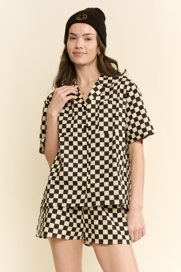 JJT8092P / Jade By Jane<br/>PLUS SIZE CHECKERBOARD CAMP COLLAR SHIRT