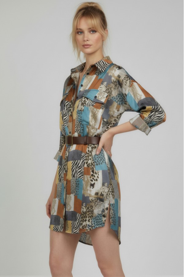 JJT8128-1 / Jade By Jane<br/>VINTAGE PATCHWORK PRINT LONG SHIRT