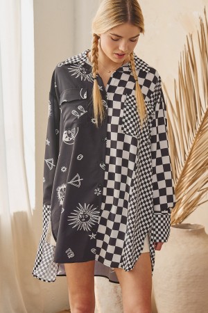 JJT8128 / Jade By Jane<br/>MIXED PRINT OVERSIZED BUTTON SHIRT