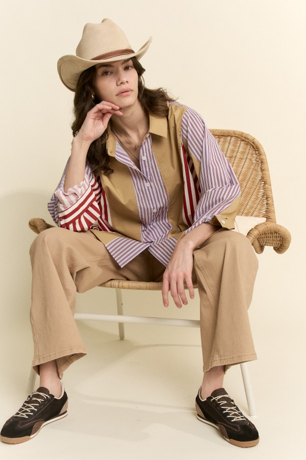 JJT8151 / Jade By Jane<br/>COLOR BLOCK STRIPE BUTTON-DOWN SHIRT