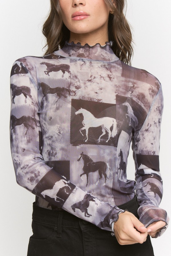 JJT8301 / Jade By Jane<br/>HORSE PRINT MESH MOCK NECK TOP