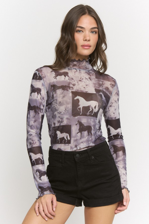 JJT8301P / Jade By Jane<br/>PLUS SIZE HORSE PRINT MESH MOCK NECK TOP