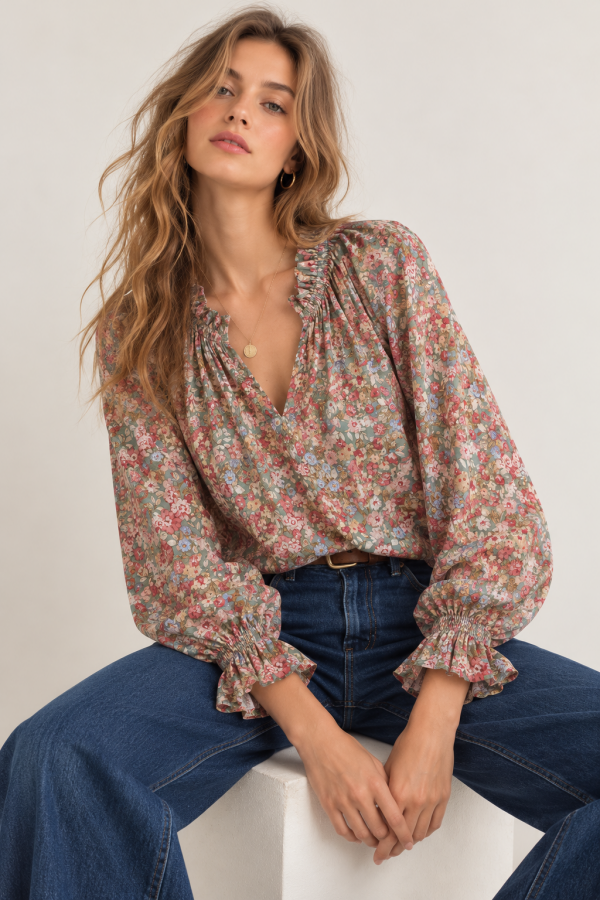 JJT8549-1 / Jade By Jane<br/>VINTAGE FLORAL RUFFLE BLOUSE