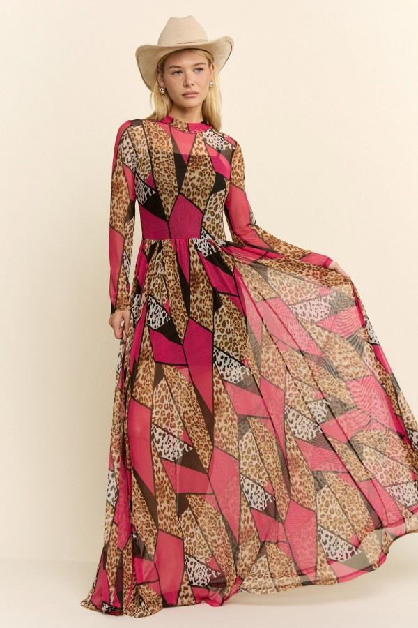 KRD4340-12 / Jade By Jane<br/>PATCHWORK LEOPARD LONG DRESS