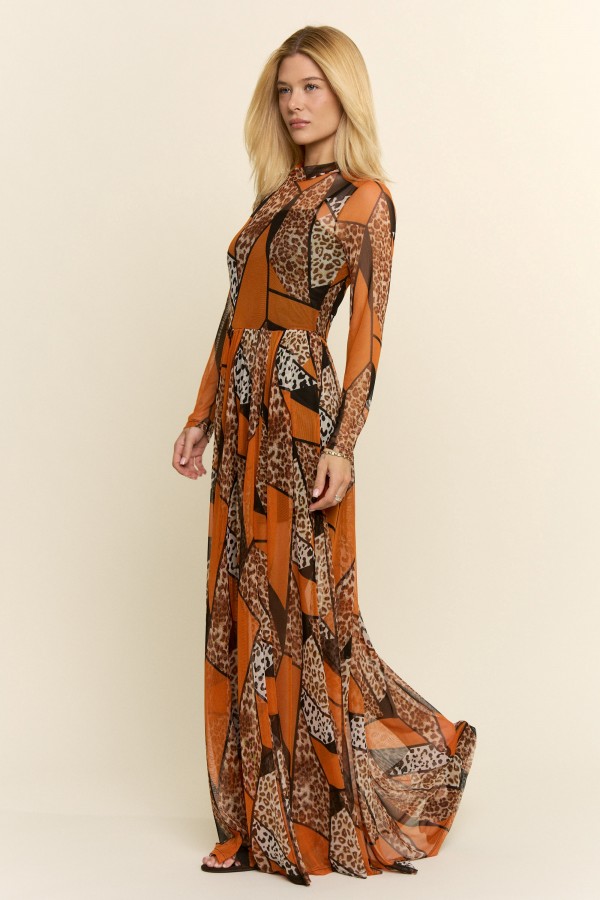 KRD4340-12P / Jade By Jane<br/>PLUS SIZE PATCHWORK LEOPARD LONG DRESS