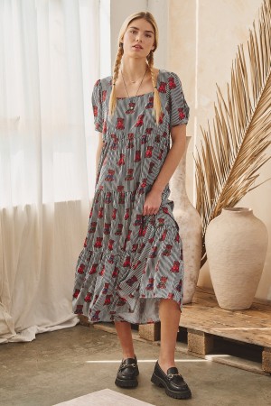 KRD6398-4 / Jade By Jane<br/>CHRISTMAS TEDDY BEAR STRIPED MIDI DRESS