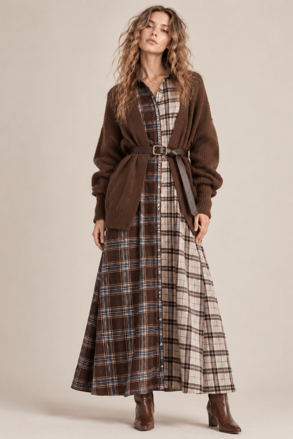 KRD8044-3P / Jade By Jane<br/>PLUS SIZE MIXED PLAID BUTTON-DOWN MAXI DRESS