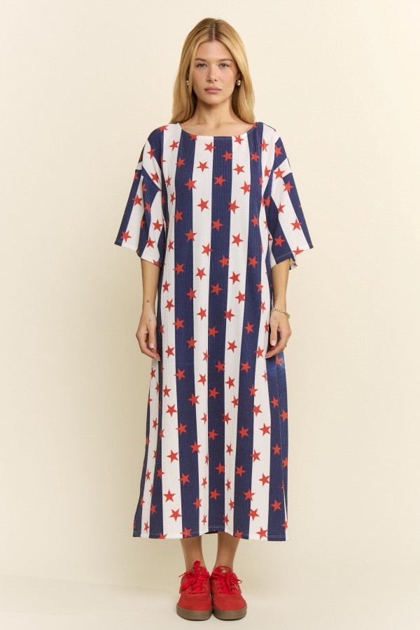 KRD8076-1P / Jade By Jane<br/>PLUS SIZE STAR STRIPE CASUAL DRESS