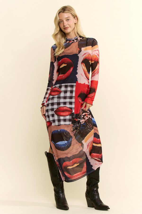 KRD8161 / Jade By Jane<br/>COLLAGE LIP PRINT MESH DRESS