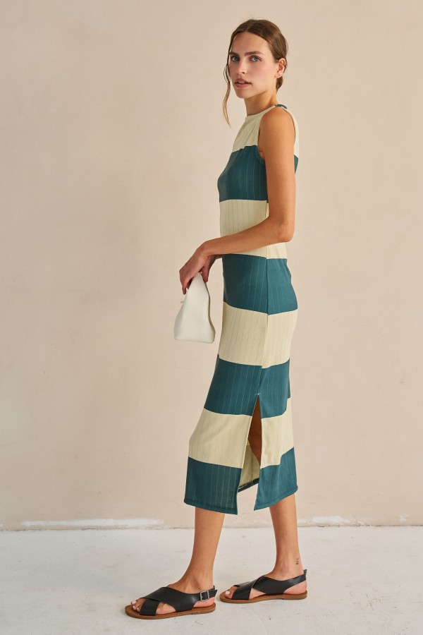 KRD8376P / Jade By Jane<br/>PLUS SIZE STRIPED RIBBED BOAT NECK MIDI DRESS