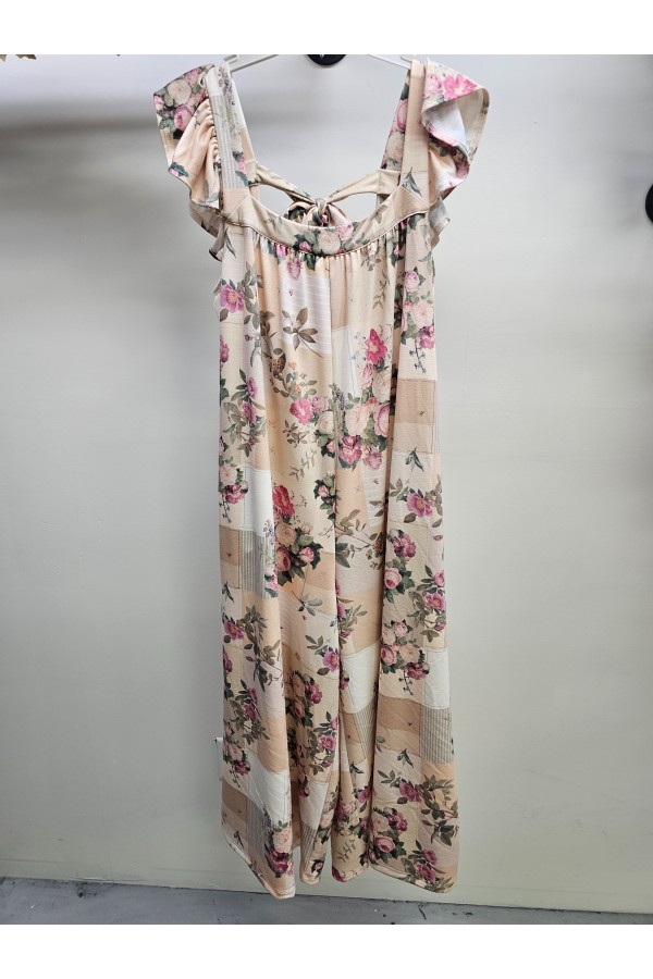 KRJ8050-2P / Jade By Jane<br/>PATCHWORK RUFFLE SLEEVE JUMPSUITS