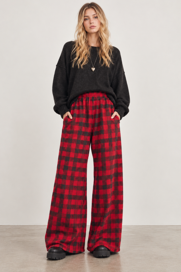 KRP3063-11 / Jade By Jane<br/>BUFFALO PLAID WIDE-LEG PANTS
