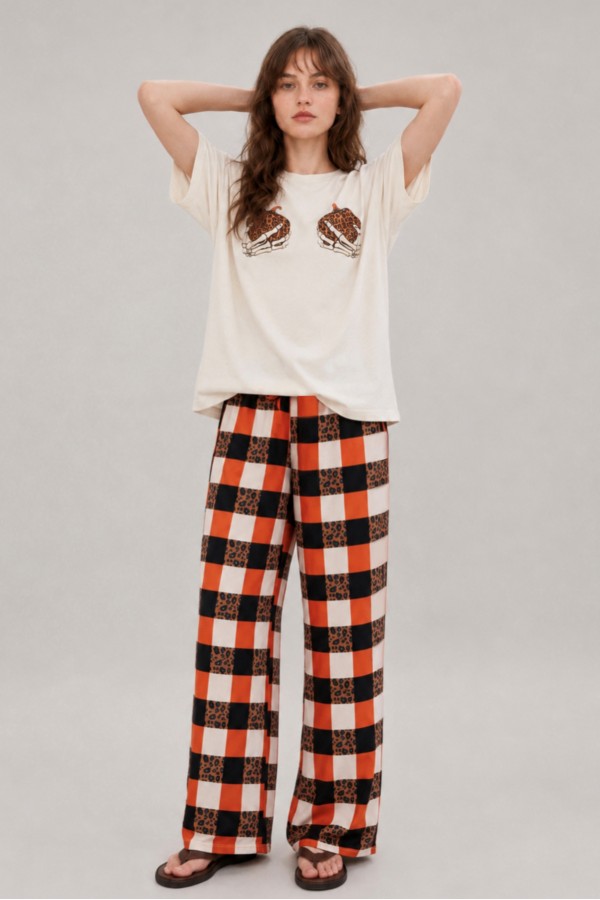 KRP3077-8 / Jade By Jane<br/>LEOPARD GINGHAM WIDE-LEG PANTS