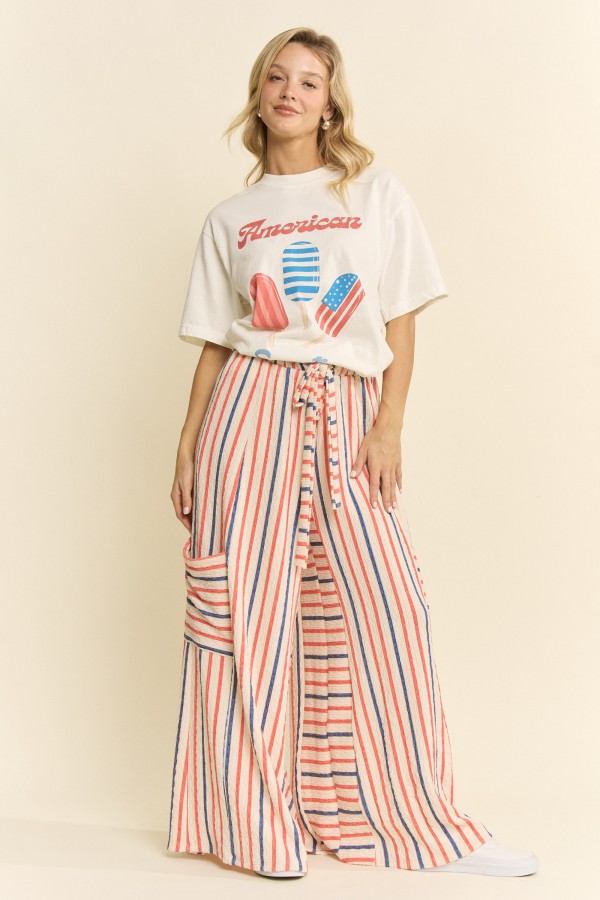 KRP3092-3 / Jade By Jane<br/>RED&BLUE STRIPE WIDE LEG PANTS