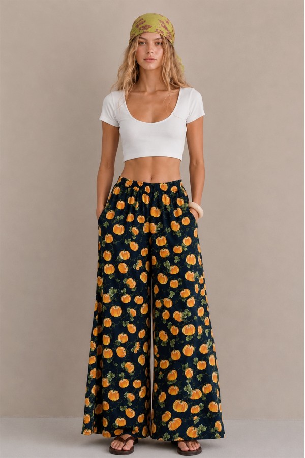 KRP5788-4 / Jade By Jane<br/>PUMPKIN PRINT SATIN WIDE-LEG PANTS