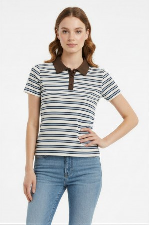 KRT8105P / Jade By Jane<br/>CASUAL STRIPED POLO SHORT SLEEVE SHIRT PLUS