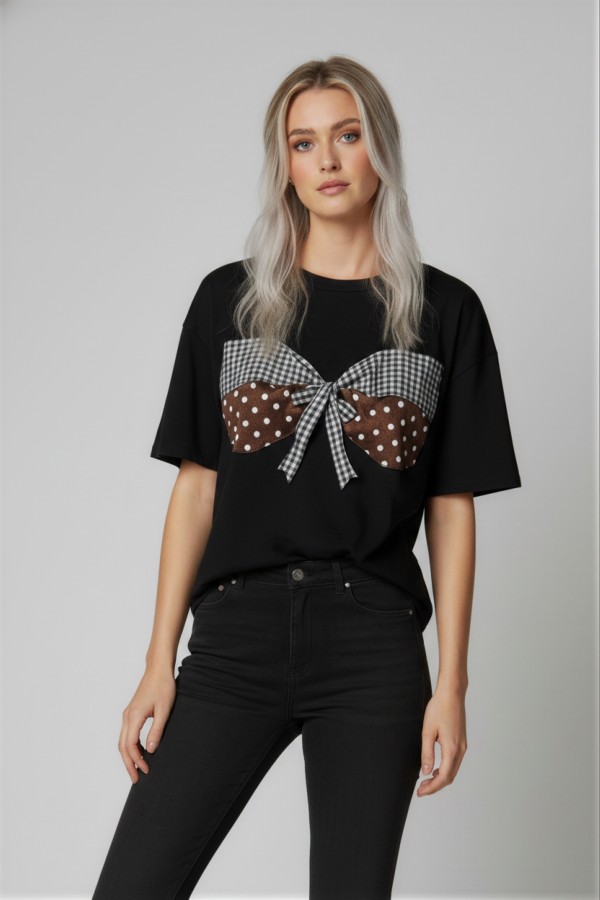 KRT8115 / Jade By Jane<br/>CHECK & DOT RIBBON DETAIL T-SHIRT