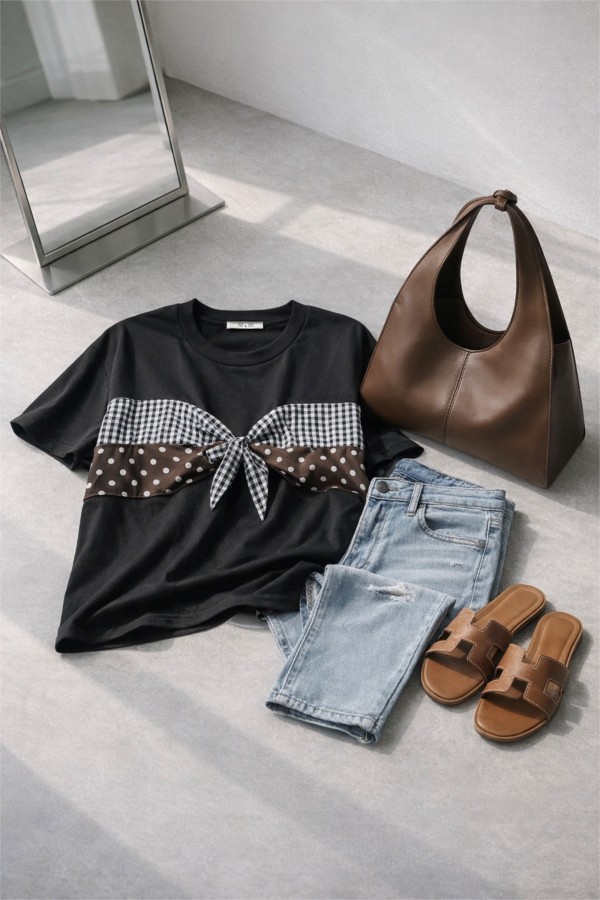 KRT8115P / Jade By Jane<br/>PLUS SIZE CHECK & DOT RIBBON DETAIL T-SHIRT