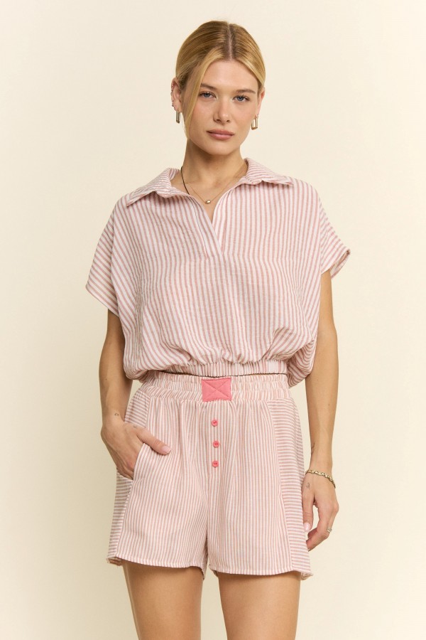 KRT8123P / Jade By Jane<br/>PLUS SIZE STRIPE COLLAR CROP TOP