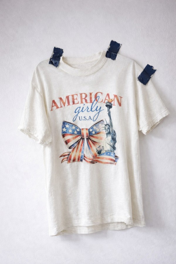 PRT1068 / Jade By Jane<br/>AMERICAN GIRLY RIBBON STATUE OF LIBERTY GRAPHIC TEE