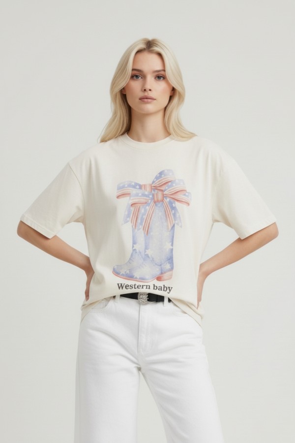 PRT1080 / Jade By Jane<br/>WESTERN BABY USA PATRIOTIC BOOTS GRAPHIC TEE