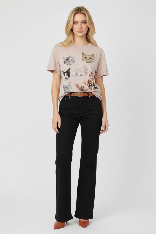 PRT1117DP / Jade By Jane<br/>PLUS SIZE VINTAGE CAT GRAPHIC DYEING TEE