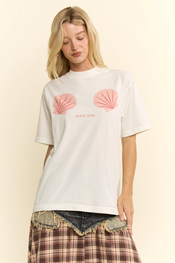 PRT1120 / Jade By Jane<br/>PINK CLAM BEACH GIRL GRAPHIC TEE