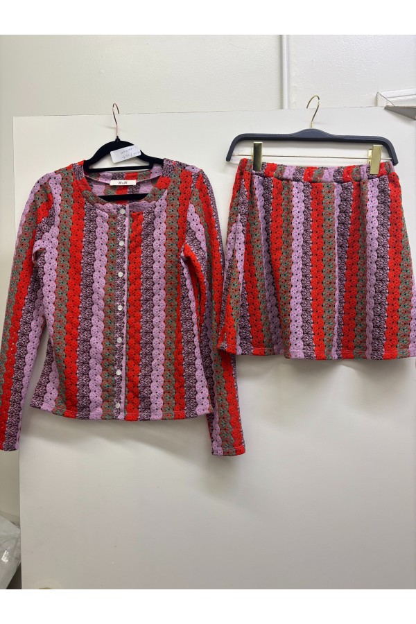 SET8177 / Jade By Jane<br/>MULTI STRIPE TEXTURED CARDIGAN & SKIRT SET