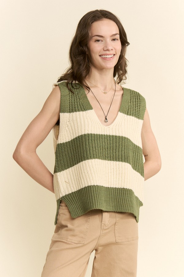 SWT1173 / Jade By Jane<br/>STRIPE KNIT V-NECK VEST TOP