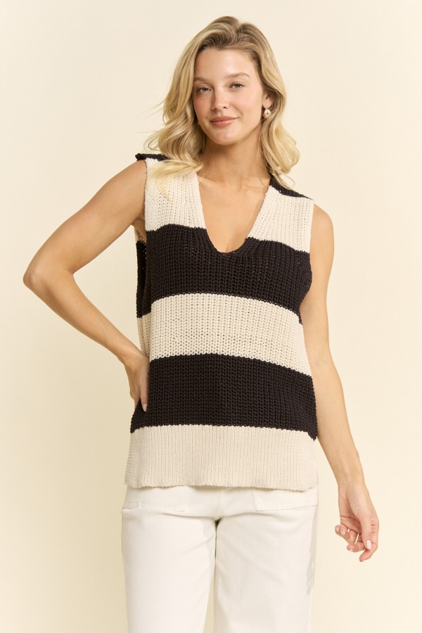 SWT1173P / Jade By Jane<br/>PLUS SIZE STRIPE KNIT V-NECK VEST TOP