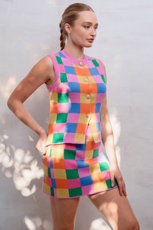 SWT1201-SET / Jade By Jane<br/>MULTICOLOR CHECKER KNIT TANK & SKIRT SET